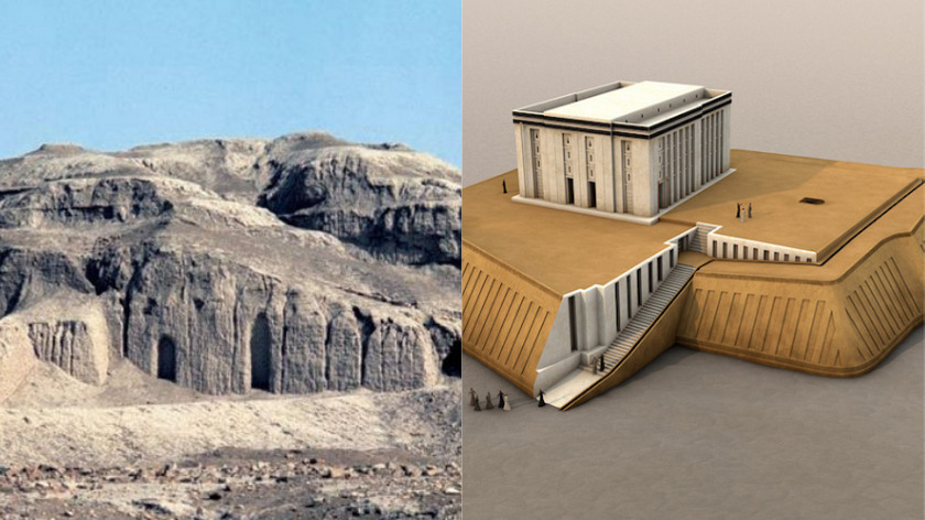 現存するウルクの白色神殿（左）と復元図（右）